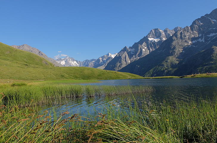 Serre-chevalier, Lago, montaña, verano, Alpes, Francia, alta montaña