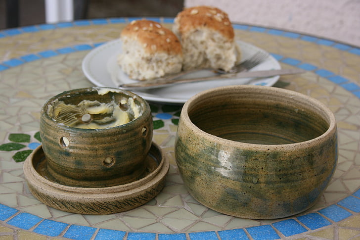 butter, breakfast, ceramic pot, bread, diet