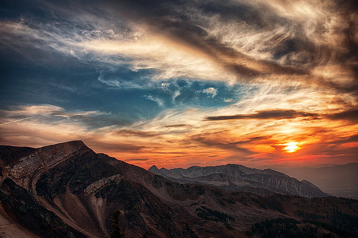 Utah, Mountain, Sky, Príroda, Zlatá hodina, západ slnka, scénické