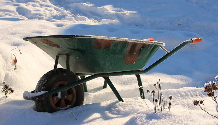 wheelbarrow, old, rusty, snow, garden, winter, outdoors