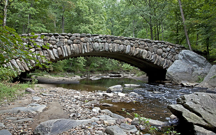 bridge, stream, creek, landscape, rocks, boulders, park