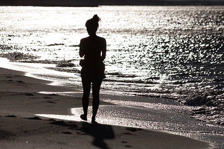 pessoa, humana, fêmea, praia, mulher, jovem, caminhar na praia