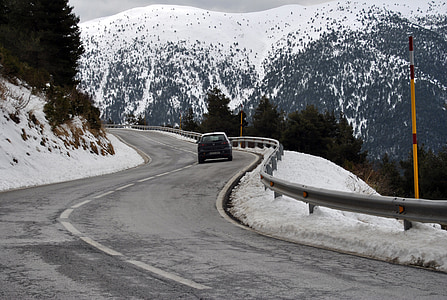 road, snow, curve, chains, nevada, mountain, car
