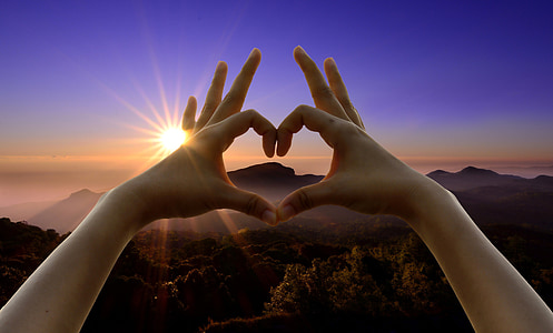 znak miłości, ręce, zachód słońca, miłość, znak, ręka znak, krajobraz
