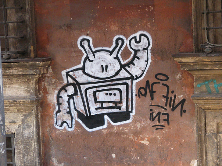 robot, graffiti, art, road, urban