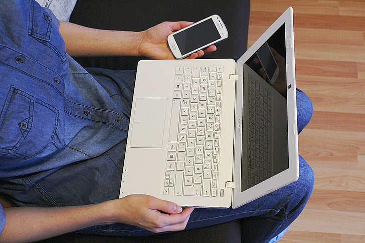 laptop, arbejde, notebook, ambulant foretage en opringning, smartphone
