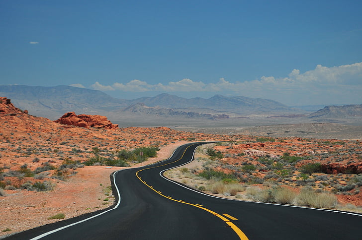 curved, concrete, high, way, street road, rocks, desert