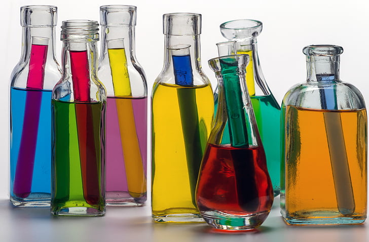 still life, bottles, color, colored water, test tubes, farbenspiel, liquid