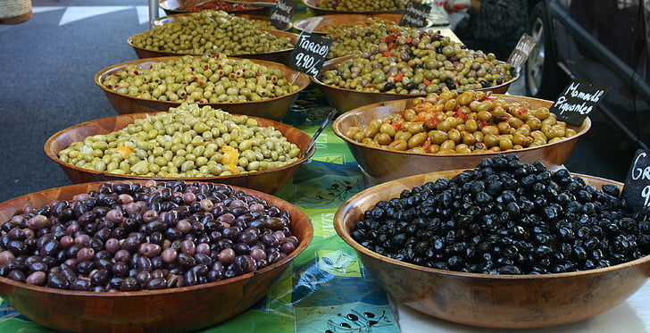 verde-oliva, mercado, Mediterrâneo, comida, saudável, marinado, França