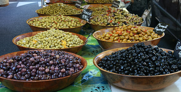 Olivová, trh, Středomořská, jídlo, zdravé, marinovaná, Francie