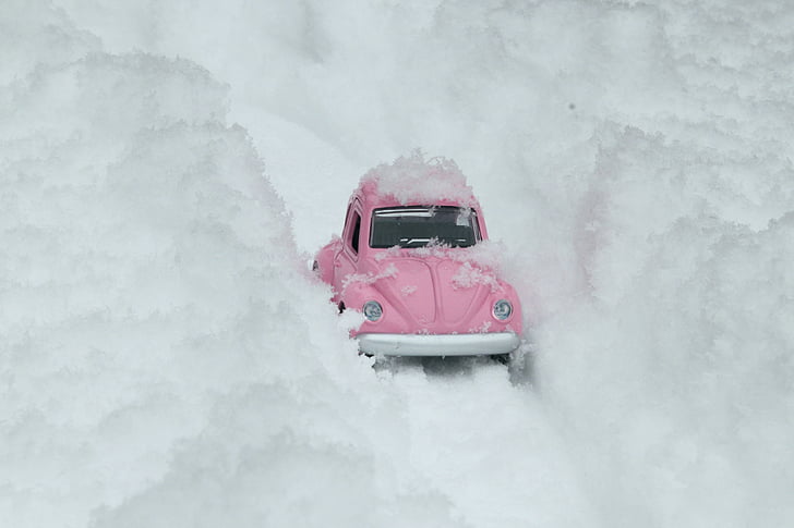 bug, VW, autó, rózsaszín, hó, havas úton, téli