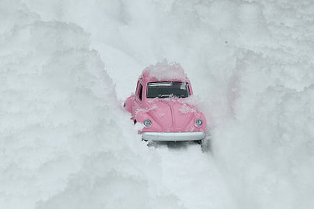 bug, VW, αυτοκίνητο, ροζ, χιόνι, Χιονισμένος δρόμος, Χειμώνας