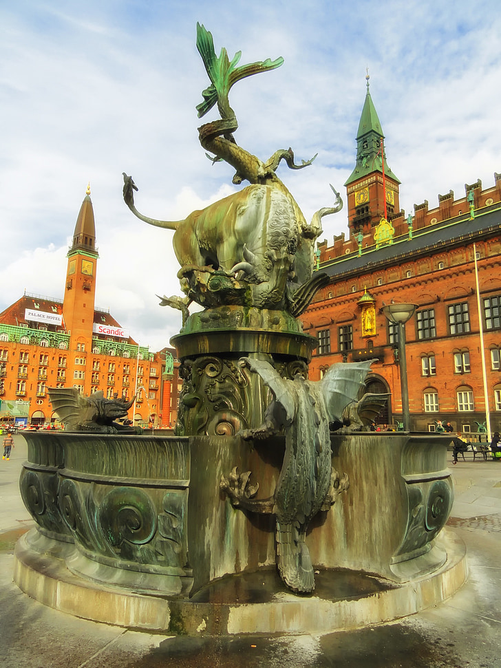 copenhagen, denmark, fountain dragon, water, sculpture, artwork, buildings