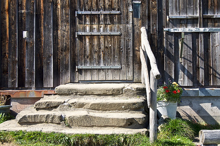 hut, rest, allgäu, hike, planters, railing, stairs