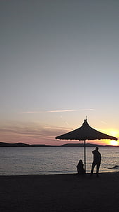 puesta de sol, Playa, agua, mar, personas, vacaciones, silueta