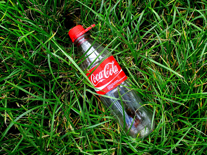 coca cola, lemonade, bottle, empty, red, grass, cola
