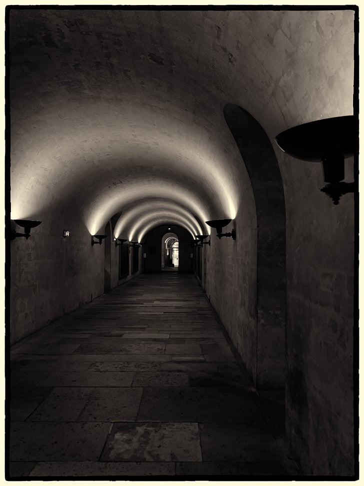 Arch, arkitektur, svartvit, mörka, korridoren, lampor, tunnel