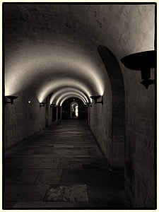 arch, architecture, black-and-white, dark, hallway, lights, tunnel
