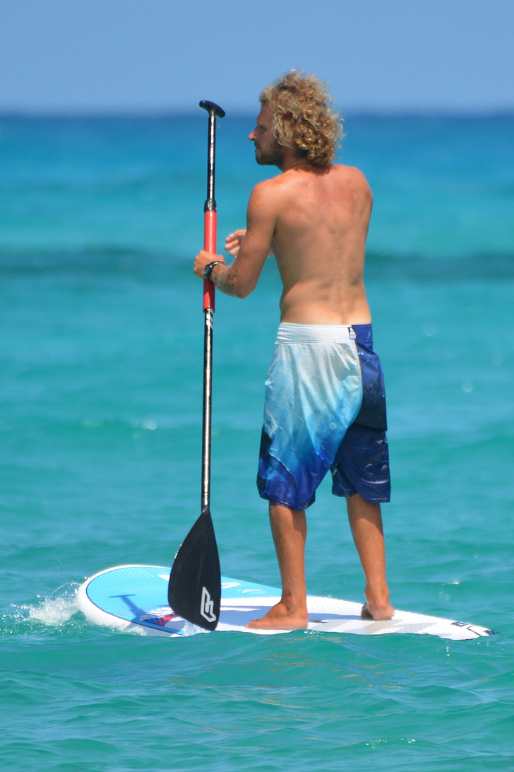 homme, gens, Paddle, mer, shorts de bain, planche de surf