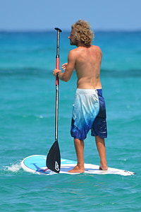 homem, pessoas, paddle, mar, calções de natação, prancha de surf
