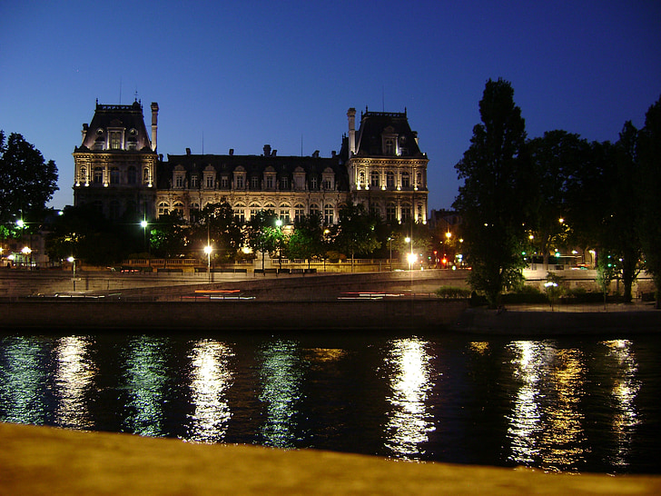 rivier, verlichting, gebouw, Parijs, nacht, reflectie, water