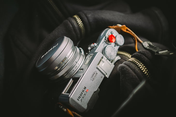 grå, Fujifilm, kamera, sort, taske, fotograf, linse