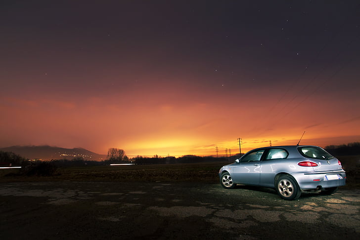 argento, Peugeot, porta, hatchback, auto, cielo, tramonto