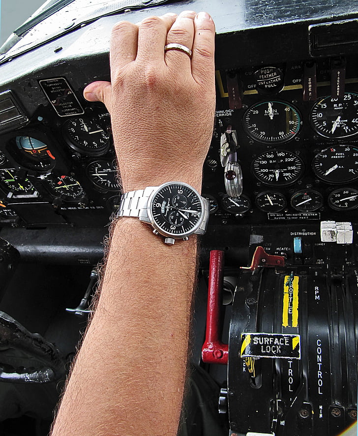 hodinky, letadlo, letec, ruka, příslušenství, muž, letadlo