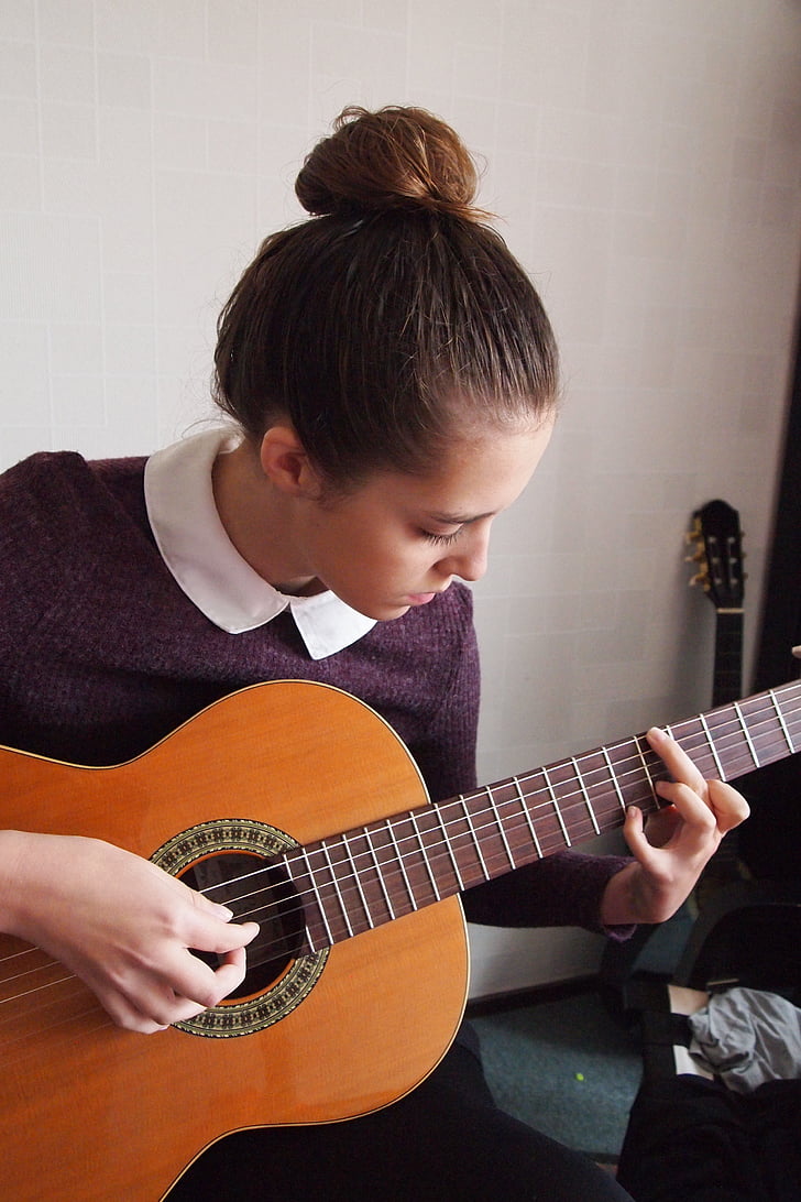 girl, guitar, strings, spanish guitar, music, hands, long hair
