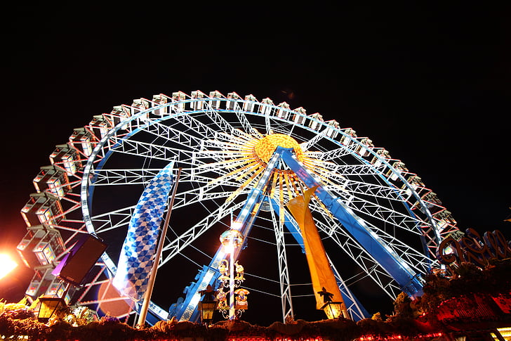 Oktoberfest, grande roue, nuit, Munich, Parc d’attractions, divertissement et culture des arts, enluminés