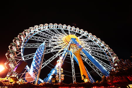 Oktoberfest, panoramsko kolo Wiener Riesenrad, noč, München, zabaviščni park, umetnosti, kulture in zabave, osvetljeni