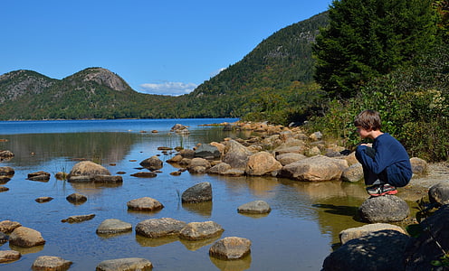 copil, Lacul, copil, Acadia, Maine, în aer liber, reflecţie