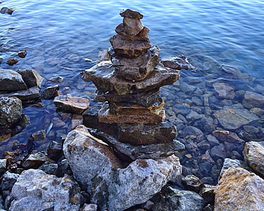 stacked stones, rocks, balance, nature, natural, water, tower