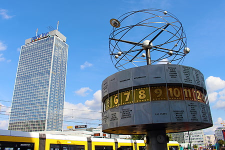 relógio mundial, Berlim, Alexanderplatz, relógio, Marco, capital, Alemanha