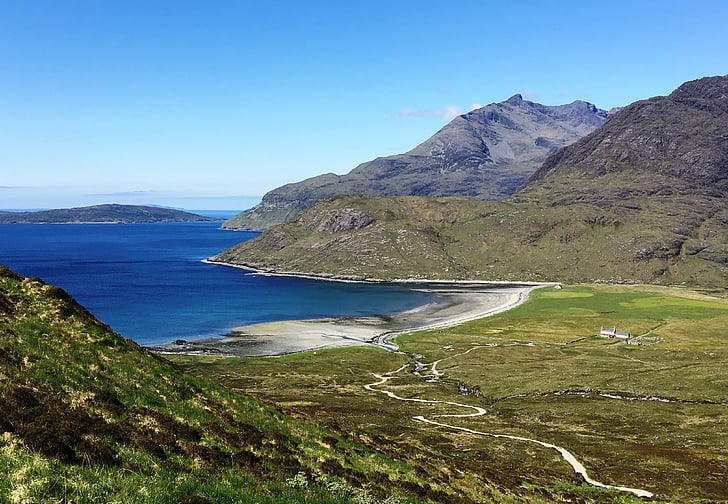 Skócia, Isle of skye, camasunary öböl, festői, táj, táj, tengerpart