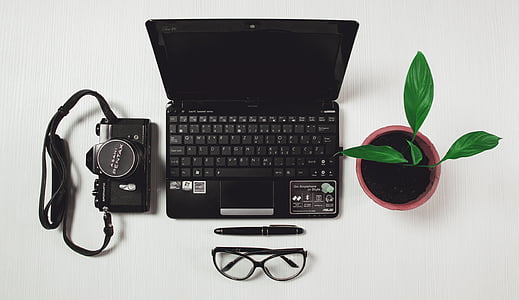 Schwarz, Laptop, Computer, Kamera, weiß, aus Holz, Oberfläche