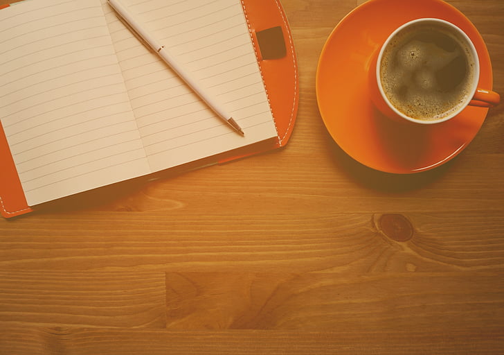 kafijas, piezīmju grāmatiņas, koka, fons, oranža, darba, tabula