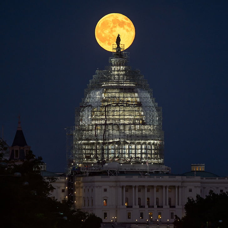 volle maan, Washington, DC, Capitool, het platform, gebouw, hemel