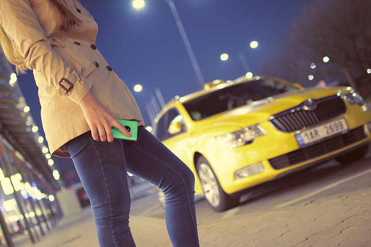 waiting, taxi, cab, yellow, girl, woman, people