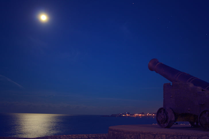 picture, canon, pointing, moon, night, time, cannon
