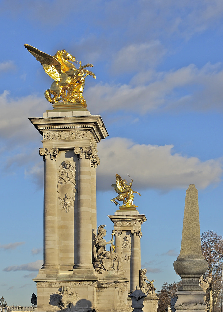Paris, Frankrig, Pont alexandre iii, monumenter, skulpturer, guld, Golden