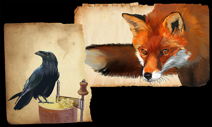 räv och kråka, ritbord grafik, Tête de moine, Fox, Korpen