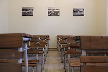 Aula, l'escola, classe, l'interior, cadira, taula, fusta - material