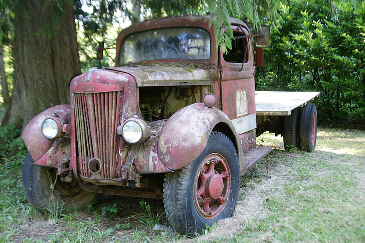 Vintage lastebil, gamle, rust, vraket, kjøretøy, lastebil, forlatt