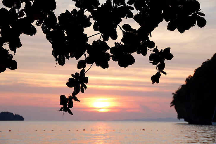 Isola, roccia, tramonto, ombra, mare, oceano, Thailandia