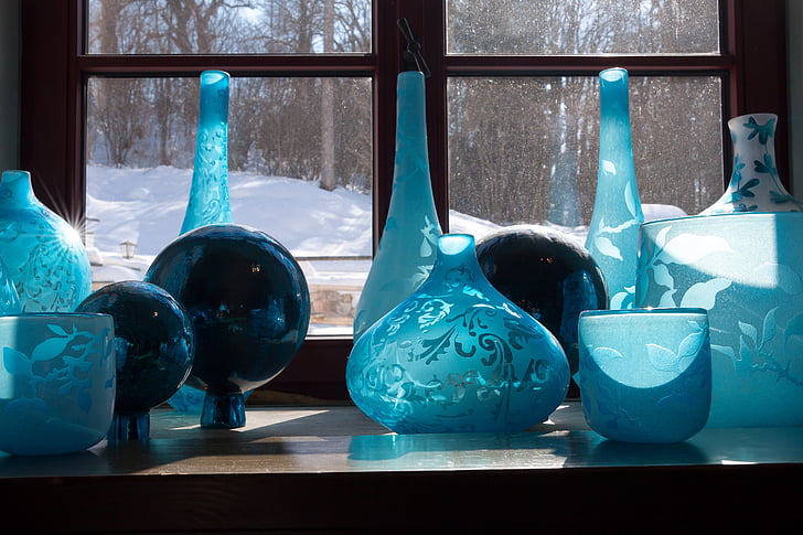 brýle, modrá, dekorace, reflexe, okno, sklo, vázy