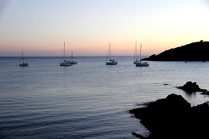 boats, sea, sailing boats, anchor, port, sunset, water