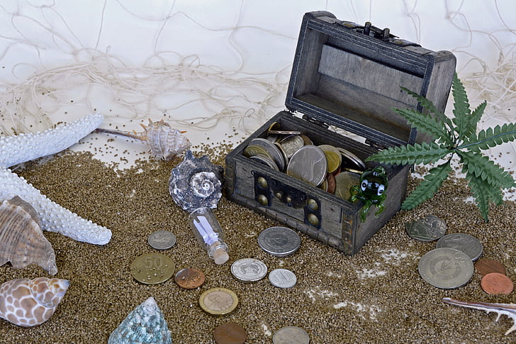 treasure chest, sand, squid, palm, starfish, mussels, coins