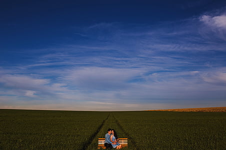 bench, countryside, couple, crop, cropland, farm, field