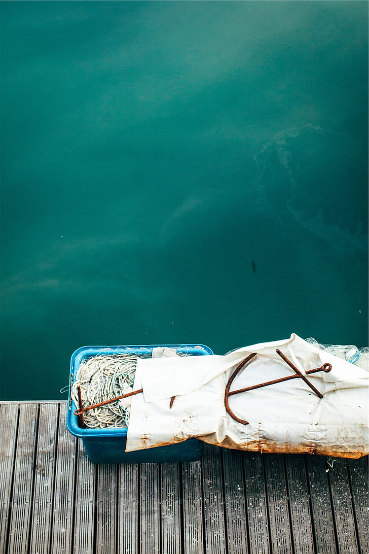 anchor, rope, dock, lake, water, bin
